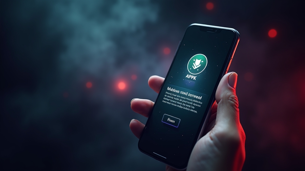 Telefon z instalacją pliku APK i komunikatem bezpieczeństwa